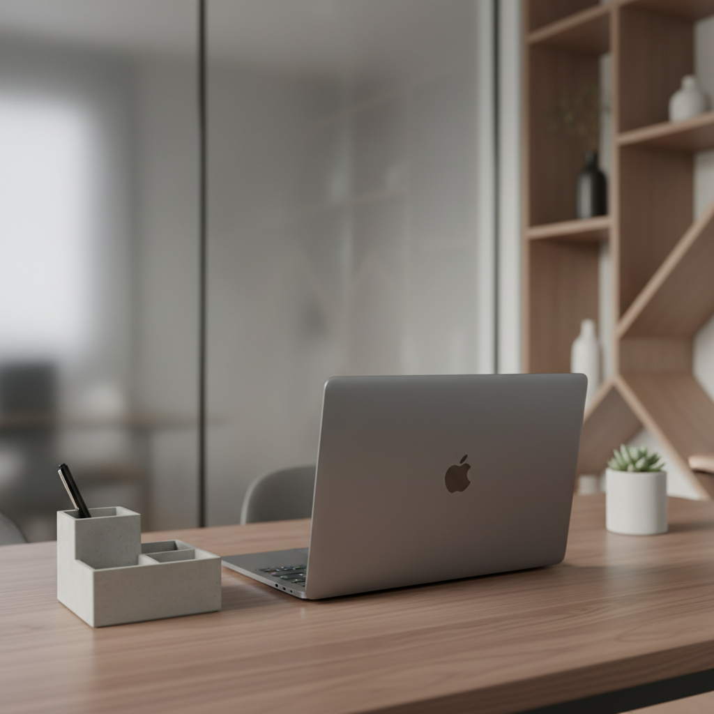 A meticulously arranged modern workspace featuring a sleek, matte grey laptop closed atop a smooth walnut desktop, accented by a muted concrete desk organizer and a minimalistic black pen. The surface is immaculate, with a subtle, natural wood grain texture. The background reveals a hint of a frosted glass wall and geometric shelving with neutral decor. Soft overcast daylight diffuses through an unseen window, creating even illumination, gentle reflections on the laptop, and barely-there shadows under objects. Captured at an eye-level, slightly angled composition using rule of thirds for balance. The image’s mood is calm, highly professional, and contemplative, perfectly representing the clean, structured, photographic realism of a personal development blog for young professionals.